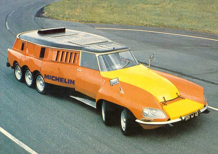 Délire signé Citroën ? Non, véhicule expérimental réalisé par Michelin en 1972 pour tester des pneus de camion. Officiellement , il se dénomme DS PLR (Poids-lourd Rapide).