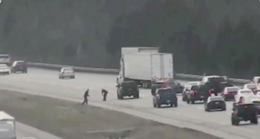 Les automobilistes s'arrêtent et descendent de voiture sur l'autoroute pour ramasser de l'argent