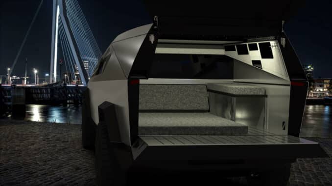un van basé sur tesla cyber truck : les images du toit relevable imaginé par space campers