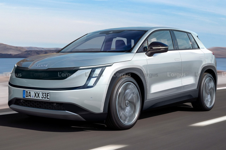 nouveauté automobile,  photomontage,  plateforme modulaire auto / voiture,  skoda, skoda elroq (2024). a quoi ressemblera le karoq électrique ?