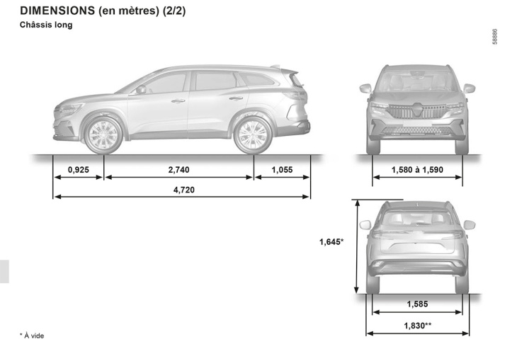 sièges auto,  renault,  renault espace,  monospaces, renault espace 6 (2023). la notice de l’austral révèle les caractéristiques du « châssis long »