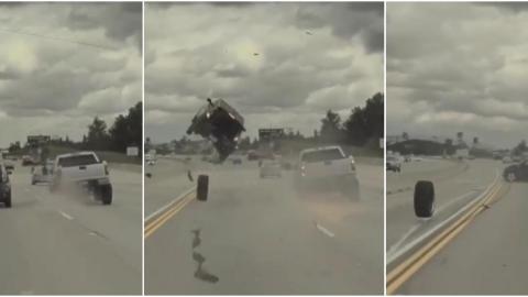 la caméra d’une tesla filme un impressionnant accident: un pneu provoque un carnage et projette une voiture à trois mètres de haut, «des images insensées, c’est terrifiant» (vidéo)