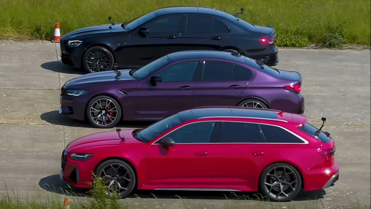 BMW M5 Competition drag races the Mercedes E63 S and Audi RS6 Performance.