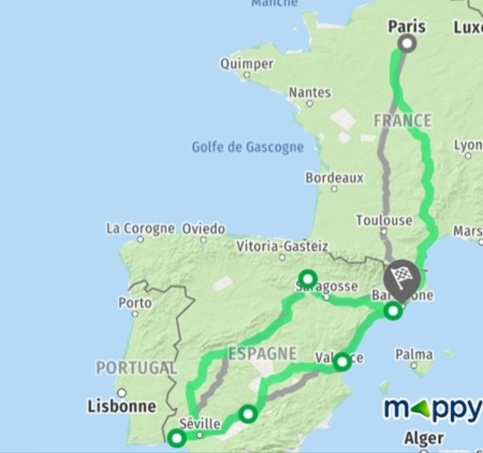 De Paris à Barcelone en passant notamment par...Barcelone (!), Valence, Seville ou Tolède: un périple de 4 000 km.