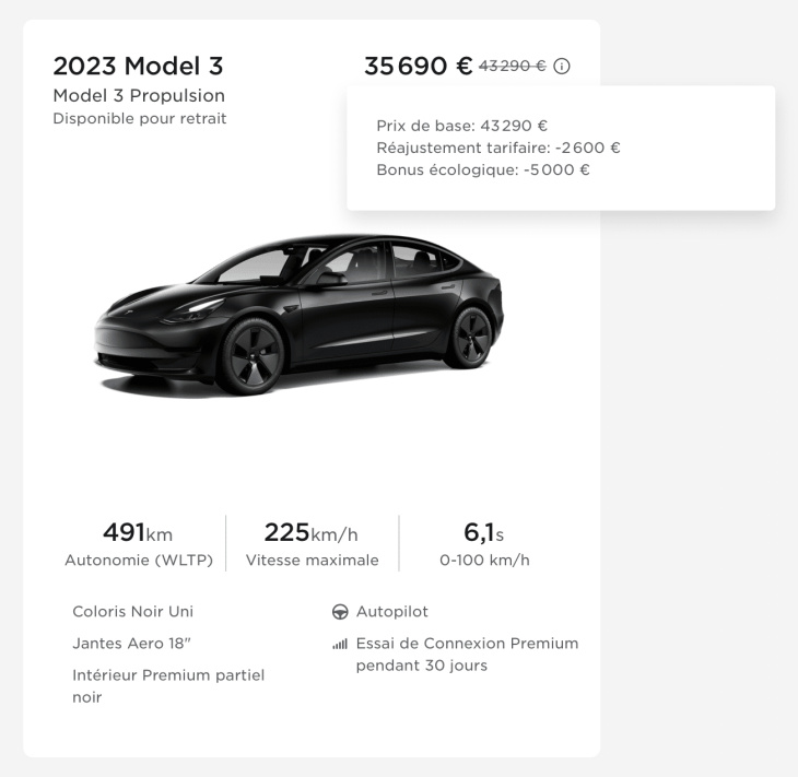Promo du jour : Tesla Model 3 à 35 690 € (-7600 € / -21%)