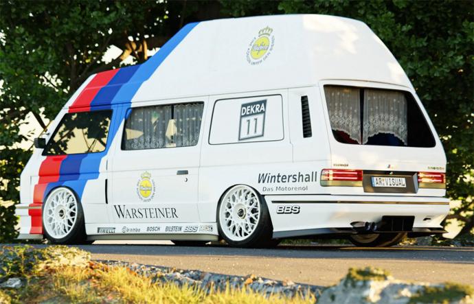 design virtuel, vans, bmw transporter dtm : la van life avec un 6 cylindres en ligne de course