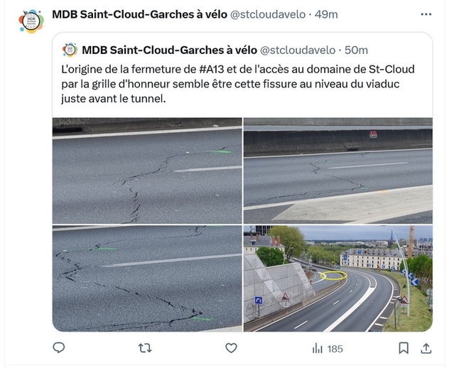 C'est cette fissure courant sur la largeur du viaduc de l'A13, dans le sens Paris-province, qui semble avoir causé la fermeture de l'ouvrage ce vendredi matin.
