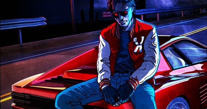 Le personnage imaginaire de Kavinsky, sur une Ferrari Testarossa.